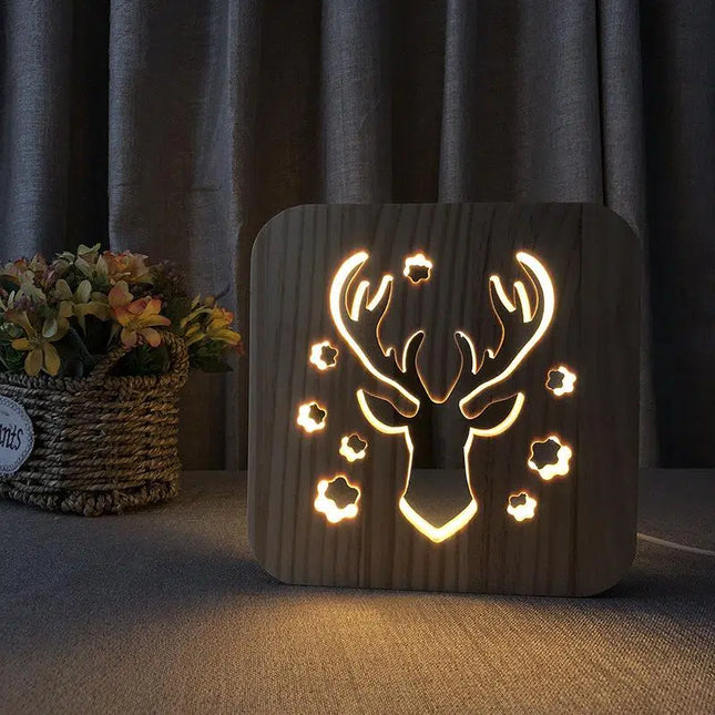 Dřevěná LED lampa jelen s USB