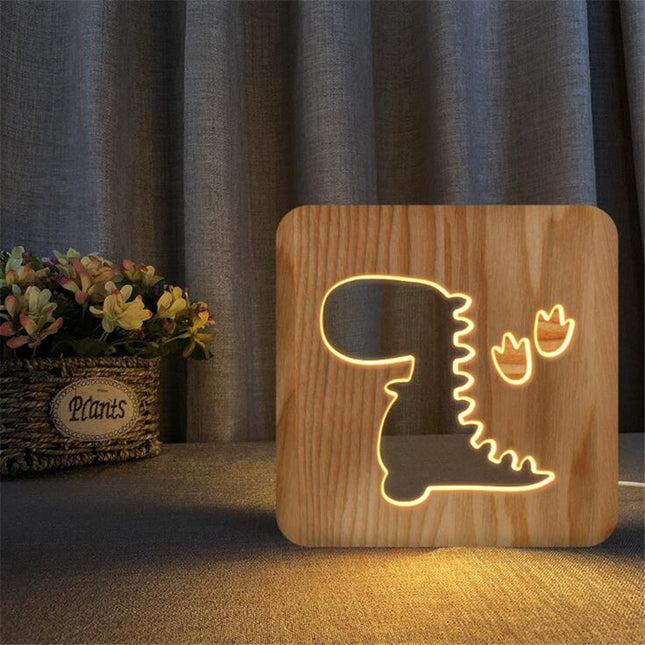 Dřevěná LED lampa dinosaurus do pokoje