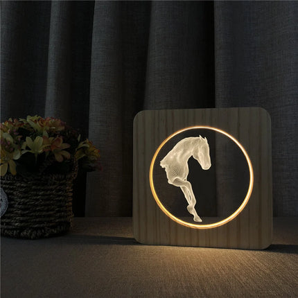 Dřevěná stolní 3D lampa kůň