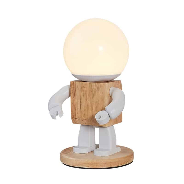 Dřevěná stolní lampička ve tvaru robota